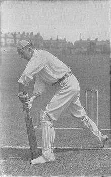 A black and white picture of Lionel Palairet demonstrating a batting stroke.