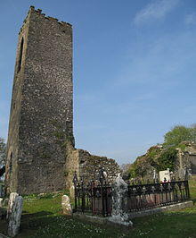 Fr. Sheehy's fenced grave at Shanrahan cemetery with ruined church tower in background.