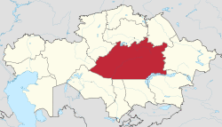 Map of Kazakhstan, location of Karagandy Region highlighted