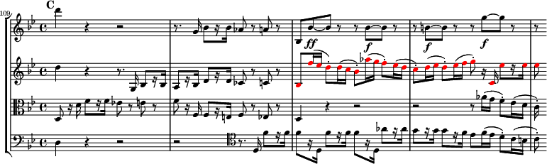  { #(set-global-staff-size 16) << \new StaffGroup << \new Staff << \set Score.currentBarNumber = #109 \clef treble \key bes \major \time 4/4 \bar "" \relative c''' { \clef treble \key bes \major \time 4/4 \mark #3 d4 r r2 r8. g,,16 bes8[ r16 bes] aes8 r a r bes, bes'~\ff bes r r bes~\f bes r r b~\f b r r g'~\f g r r8 } >> \new Staff << \clef treble \key bes \major \time 4/4 \new Voice \relative c'' { d4 r r8. g,,16 bes8[ r16 bes] a8[ r16 bes] d8[ r16 d] ces8 r c r \override NoteHead.color = #red bes f''16( es d8-.) d16( c bes8-.) aes'16( g f8-.) es16( d c8-.) d16( es d8-.) es16( f g8-.) r16 c,, es'8[ r16 es] es8 } >> \new Staff << \clef alto \key bes \major \time 4/4 \new Voice \relative c { d8 r16 d' f8[ r16 f] es!8 r e r f8 r16 f, f8[ r16 e] f8 r es8 r d4 r r2 r2 r8 aes''16( g f8-.) es16( d c-.) } >> \new Staff << \clef bass \key bes \major \time 4/4 \new Voice \relative c { d4 r r2 r2 \clef tenor r8. d16 f'8[ r16 f] f8[ r16 d,] f'8[ r16 f] f8[ r16 d,] aes''8[ r16 aes] g8[ r16 g] g8[ r16 f] es8[ f16( es] d8-.) c16( b c8-.) } >> >> >> } 