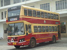 Red-and-yellow double-decker bus