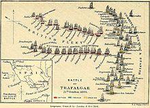 Coloured map of the Battle of Trafalgar by Longmans, Green, and Co., of London, illustrating battleship positions on 21 October 1805.