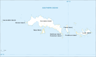 Outline map of a group of irregular-shaped islands the largest of which is labelled "Coronation Island". Laurie Island is shown at the eastern (right) end of the group.