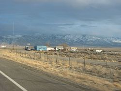 The few buildings at Delle, as viewed from eastbound I-80 off ramp, February 2008