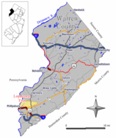 Map of Lopatcong Township in Warren County. Inset: Location of Warren County highlighted in the State of New Jersey.