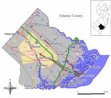 Map of Hamilton Township in Atlantic County. Inset: Location of Atlantic County highlighted in the State of New Jersey.