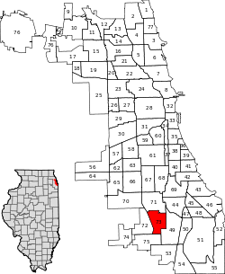 A pictorial depiction of the 77 Chicago community areas are in white. Area #73, Washington Heights (in the city's southwest corner), is highlighted in red.