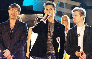 O-Zone performing at Cerbul De Aur in (September 2005) From left to right: Arsenie Todiraș, Dan Bălan, Radu Sîrbu