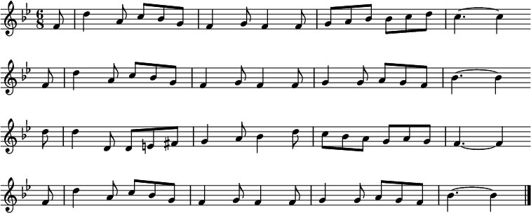 \new Staff << \clef treble \key bes \major { \time 6/8 \partial 8 \relative f' { f8 | d'4 a8 c bes g | f4 g8 f4 f8 | g a bes bes c d | c4.~ c4 \bar"" \break f,8 | d'4 a8 c bes g | f4 g8 f4 f8 | g4 g8 a g f | bes4.~ bes4 \bar"" \break d8 | d4 d,8 d e fis | g4 a8 bes4 d8 | c bes a g a g | f4.~ f4 \bar"" \break f8 | d'4 a8 c bes g | f4 g8 f4 f8 | g4 g8 a g f | bes4.~ bes4 \bar"|." %repeat of the second line - if these two aren't the same, then it means somebody has vandalized ... } } %\new Lyrics \lyricmode { %} >> \layout { indent = #0 } \midi { \tempo 4. = 54 }