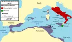 a colour of the western Mediterranean region showing the areas under Roman and Carthaginian control in 264 BC