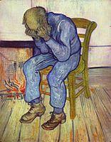 A painting of an old man who sits on a chair with his head in his hands.
