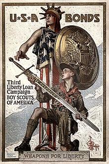 A painting of a Boy Scout giving a sword to a soldier draped in an American flag