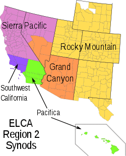 A map of the southwest US showing the ELCA synods of Region 2