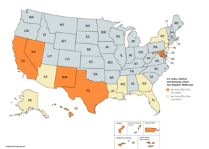 U S states districts and territories in 2019 in which non Hispanic whites are.png