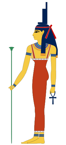 Profile of a woman in ancient Egyptian clothing. She has yellow skin and wears a headdress shaped like a tall chair.