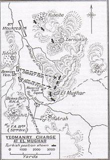 Map shows El kubeibe, Zernukah, Akir, Yibna, Bashshit and Qatra with Wadi Jamus; 8th Mounted Brigade headquarters, the regiments and machine guns, artillery and field ambulance
