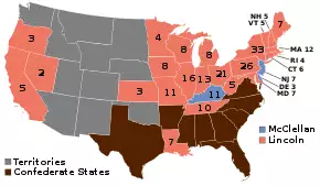 Map of the U.S. showing Lincoln winning all the Union states except for Kentucky, New Jersey, and Delaware. The Southern states are not included.