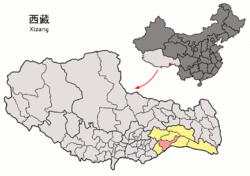 Location of Mainling County (red) within Nyingchi City (yellow) and Tibet Autonomous Region