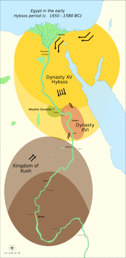 The political situation in the Second Intermediate Period of Egypt (c. 1650 — c. 1550 BC) Thebes was briefly conquered by the Hyksos c. 1580 BC