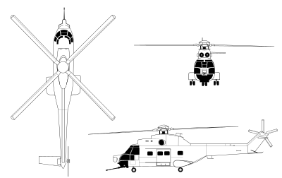 Orthographically projected diagram of the SA330 Puma Line Drawing