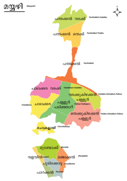 Map of Mahe showing the names of subdistricts in English and Malayalam