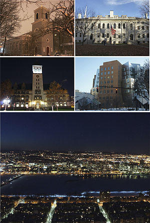 Clockwise from top left: Christ Church, University Hall at Harvard University, Ray and Maria Stata Center at the Massachusetts Institute of Technology, the Cambridge skyline and Charles River at night, and Cambridge City Hall