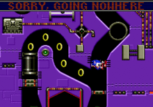 A screenshot of gameplay. The game's levels clearly represent a pinball machine with flippers to either side. Sonic the Hedgehog, who is acting as a pinball, is being propelled upwards in the centre of the screen after being hit by one of the flippers. The game's interface is shown at the top of the screen, showing the player's number of lives and total score.