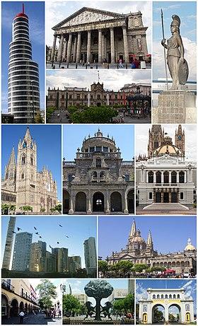 From top and left: Torre Icon 23, Teatro Degollado, Palacio de Gobierno, La Minerva, Templo Expiatorio, Hospicio Cabañas, University of Guadalajara, Puerta de Hierro, Guadalajara Cathedral, historic center; Founder's Monument; Arcos de Guadalajara.