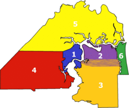 Vernacular regions of Jacksonville: .mw-parser-output .legend{page-break-inside:avoid;break-inside:avoid-column}.mw-parser-output .legend-color{display:inline-block;min-width:1.25em;height:1.25em;line-height:1.25;margin:1px 0;text-align:center;border:1px solid black;background-color:transparent;color:black}.mw-parser-output .legend-text{}   1. Urban core .mw-parser-output .legend{page-break-inside:avoid;break-inside:avoid-column}.mw-parser-output .legend-color{display:inline-block;min-width:1.25em;height:1.25em;line-height:1.25;margin:1px 0;text-align:center;border:1px solid black;background-color:transparent;color:black}.mw-parser-output .legend-text{}   2. Arlington .mw-parser-output .legend{page-break-inside:avoid;break-inside:avoid-column}.mw-parser-output .legend-color{display:inline-block;min-width:1.25em;height:1.25em;line-height:1.25;margin:1px 0;text-align:center;border:1px solid black;background-color:transparent;color:black}.mw-parser-output .legend-text{}   3. Southside .mw-parser-output .legend{page-break-inside:avoid;break-inside:avoid-column}.mw-parser-output .legend-color{display:inline-block;min-width:1.25em;height:1.25em;line-height:1.25;margin:1px 0;text-align:center;border:1px solid black;background-color:transparent;color:black}.mw-parser-output .legend-text{}   4. Westside .mw-parser-output .legend{page-break-inside:avoid;break-inside:avoid-column}.mw-parser-output .legend-color{display:inline-block;min-width:1.25em;height:1.25em;line-height:1.25;margin:1px 0;text-align:center;border:1px solid black;background-color:transparent;color:black}.mw-parser-output .legend-text{}   5. Northside .mw-parser-output .legend{page-break-inside:avoid;break-inside:avoid-column}.mw-parser-output .legend-color{display:inline-block;min-width:1.25em;height:1.25em;line-height:1.25;margin:1px 0;text-align:center;border:1px solid black;background-color:transparent;color:black}.mw-parser-output .legend-text{}   6. Beaches