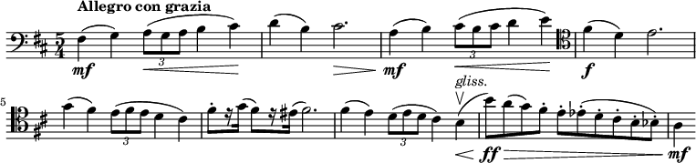  \relative c { \set Score.tempoHideNote = ##t \tempo 4 = 144 \set Staff.midiInstrument = #"cello" \clef bass \key d \major \time 5/4 fis4\mf(^\markup { \bold { Allegro con grazia } } g) \tuplet 3/2 { a8(\< g a } b4 cis)\! d( b) cis2.\> a4(\mf b) \tuplet 3/2 { cis8(\< b cis } d4 e)\! \clef tenor fis(\f d) e2. \break g4( fis) \tuplet 3/2 { e8( fis e } d4 cis) fis8-. [ r16 g( ] fis8) [ r16 eis( ] fis2.) fis4( e) \tuplet 3/2 { d8( e d } cis4) b\upbow(\<^\markup { \italic gliss. } [ b'8)\ff\> a( g) fis-. ] e-. [ es-.( d-. cis-. b-. bes-.) ] a4\mf } 