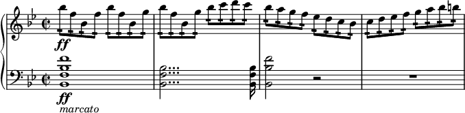  { \new PianoStaff << \new Staff \relative bes'' { \set Staff.midiInstrument = #"piano" \key bes \major \clef treble \time 2/2 \set Score.tempoHideNote = ##t \tempo 2 = 60 bes8 \ff :16 f8 :16 bes,8 :16 f'8 :16 bes8 :16 f8 :16 bes,8 :16 g'8 :16 | % 2 bes8 :16 f8 :16 bes,8 :16 g'8 :16 bes8 :16 c8 :16 d8 :16 c8 :16 | % 3 bes8 :16 a8 :16 g8 :16 f8 :16 es8 :16 d8 :16 c8 :16 bes8 :16 | % 4 c8 :16 d8 :16 es8 :16 f8 :16 g8 :16 a8 :16 bes8 :16 b8 :16 \! } \new Staff \relative bes, { \set Staff.midiInstrument = #"piano" \key bes \major \clef bass \time 2/2 <bes f' bes f'>1 \ff _\markup{ \italic {marcato} } | % 2 <bes f' bes>2... <bes f' bes>16 | % 3 <bes bes' f'>2 r2 | % 4 R1 } >> } 
