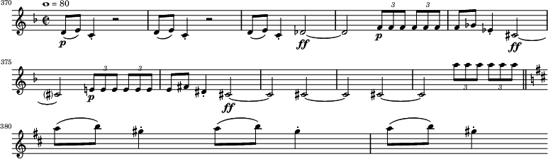 \version "2.14.1" \layout { #(layout-set-staff-size 16) } \relative c' { \new Staff { \override Score.BarNumber.break-visibility = ##(#f #f #t) \set Score.currentBarNumber = #370 \bar "" \tempo 1 = 80 \key f \major \time 2/2 d8\p( e) c4-. r2 d8( e) c4-. r2 d8( e) c4-. des2\ff~ des2 \tuplet 3/2 { f8\p[ f f] } \tuplet 3/2 { f[ f f] } f ges es4-. cis2\ff~ \break cis? \tuplet 3/2 { e!8\p[ e e] } \tuplet 3/2 { e[ e e] } e fis dis4-. cis2\ff~ cis cis~ cis cis~ cis \repeat unfold 2 {\tuplet 3/2 { a''8[ a a] } } \bar "||" \break \key d \major a( b) gis4-. a8( b) gis4-. a8( b) gis4-. } }