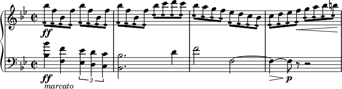  { \new PianoStaff << \new Staff \relative bes'' { \set Staff.midiInstrument = #"piano" \key bes \major \clef treble \time 2/2 \set Score.tempoHideNote = ##t \tempo 2 = 60 bes8 \ff :16 f8 :16 bes,8 :16 f'8 :16 bes8 :16 f8 :16 bes,8 :16 f'8 :16 | % 2 bes8 :16 f8 :16 bes,8 :16 f'8 :16 bes8 :16 c8 :16 d8 :16 c8 :16 | % 3 bes8 :16 a8 :16 g8 :16 f8 :16 es8 :16 d8 :16 c8 :16 bes8 :16 | % 4 c8 :16 d8 :16 es8 :16 f8 \< :16 g8 :16 a8 :16 bes8 :16 b8 :16 \! } \new Staff \relative bes { \set Staff.midiInstrument = #"piano" \key bes \major \clef bass \time 2/2 <bes bes'>4 \ff _\markup{ \italic {marcato} } <f f'>4 \times 2/3 { <es es'>4 <d d'>4 <c c'>4 } | % 2 <bes bes'>2. d'4 | % 3 f2 f,2 ~ | % 4 f4 \> ~ f8 \! \p r8 r2 } >> } 