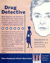 2-colour recruitment flyer for the US Federal Civil Service; titled “Drug Detective”, it shows a line-drawing of Kelsey next to a summary of her actions regarding thalidomide