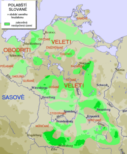 Grey: Former settlement area of the Polabian Slavs. Green: Uninhabited forest areas. Darker shade just indicates higher elevation.