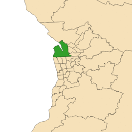 Map of Adelaide, South Australia with electoral district of Port Adelaide highlighted