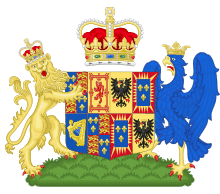 A heraldic shield emblazoned with the emblems of France, Scotland, England, Ireland and the House of Este.
