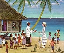 This illustration shows Miss Rumphius on her first journey abroad, meeting the king of an Indonesian fishing village. They are standing outside his beachfront home that stands on stilts for when the high tide comes inland. He is surrounded by many children, some of whom have pet cockatoos or monkey in tow.