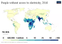 Map of people with access to energy. Lack of access is most pronounced in India, Sub-Saharan Africa and South-East Asia.
