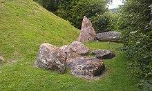 On the right of the image is a dark green hedge. On the left is a steep grass slope. Located in the centre, between the slope and the hedge, is an area of grassland on which several large, grey stones are scattered.