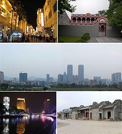 From top down, left to right: Sunwen West Road; Former residence of Dr. Sun Yat-sen; Dongqu Subdistrict; Shiqi River (石岐河); Chen ancestral shrine in Chadong Village (茶东陈氏宗祠)