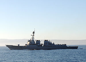 US Navy 101101-N-1004S-002 The Arleigh Burke-class guided-missile destroyer USS Preble (DDG 88) provides protection for the aircraft carrier USS Ro.jpg