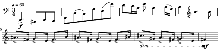 \relative c { \clef bass \time 3/4 \key c \major \tempo 4 = 60 c,4.->\f ais8 c b | e c'( b) g' e( e') | d c16 a e'8 a,4 b16( g) | b4 \clef treble b'4. b8 | ais8.-> fis16 g8.-> e16 fis8.-> b16 | ais8.-> fis16 g8.-> e16 fis8.-> bis16 | cis8.->\dim gis16 a8.-> fis16 g8.-> e16 | fis4\mf }