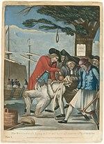 In the foreground, five leering men of the Sons of Liberty are holding down a Loyalist Commissioner of Customs agent, one holding a club. The agent is tarred and feathered, and they are pouring scalding hot tea down his throat. In the middle ground is the Boston Liberty Tree with a noose hanging from it. In the background, is a merchant ship with protestors throwing tea overboard into the habor.