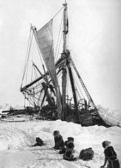 A line of seated dogs looks at a wrecked tangle of masts, rigging and sails