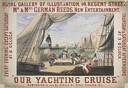 Theatre poster depicting four figures on the deck of a substantial sailing yacht with a seascape and distant land behind