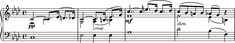  { \new PianoStaff << \new Staff << \new Voice \set Staff.midiInstrument = #"string ensemble 1" \key aes \major \clef treble \time 4/4 \set Score.tempoHideNote = ##t \tempo 4 = 45 \relative c' { \stemUp | % 1 c2 \pp ^~ c8. es16 ^( d8. des16 ) | % 2 c2 ^~ c8. _\markup{ \italic {cresc.} } b16 ^( es8. g16 ) | % 3 c4.. \mf ^( c16 ) es8. ^( des16 c8. des16 ) | % 4 c8 _\markup{ \italic {dim.} } ^( bes8 a8 bes8 ) as8 ^( g8 ) r4 } \new Voice \relative c' { \clef "treble" \key aes \major \stemDown \time 4/4 | % 1 r2 c2 | % 2 g2 as4 _( bes4 ) | % 3 f'1 | % 4 f2 es4 _(b4 ) } >> \new Staff \relative c { \set Staff.midiInstrument = #"string ensemble 1" \key aes \major \clef bass \time 4/4 c1 | % 2 es2 es4 es4 | % 3 as1 | % 4 des2 bes4 ( f4 ) } >> } 