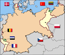 A map of Germany. It is colour-coded to show the transfer of territory from German to the surrounding countries and define the new borders.