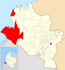 Location of the city (red) and municipality (dark gray) of Tumaco in the Nariño Department.