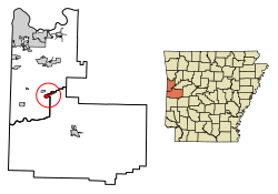 Location of Mansfield in Scott County and Sebastian County, Arkansas.